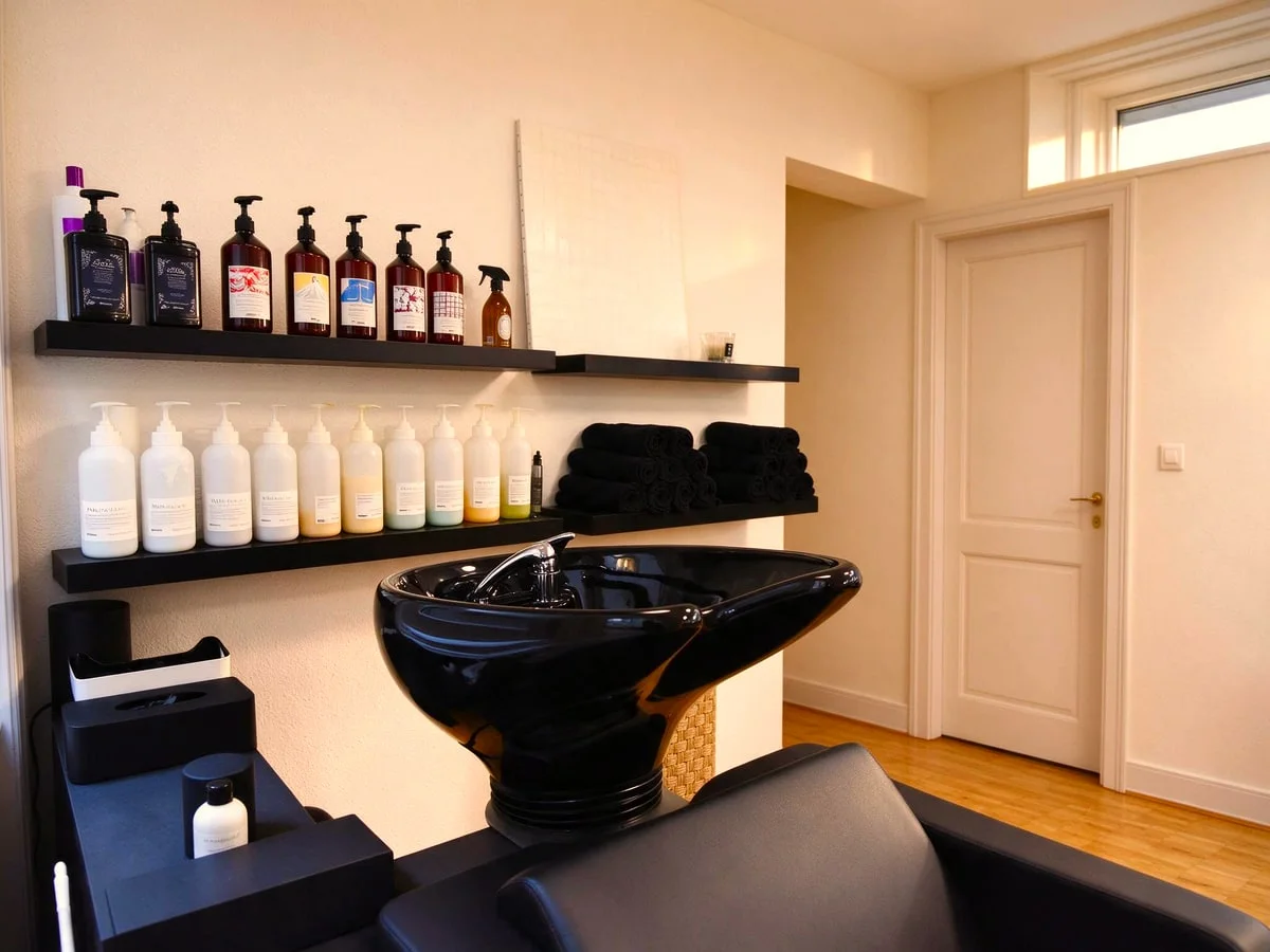 Haarwaschplatz mit Becken und ausgewählten Pflegeprodukten