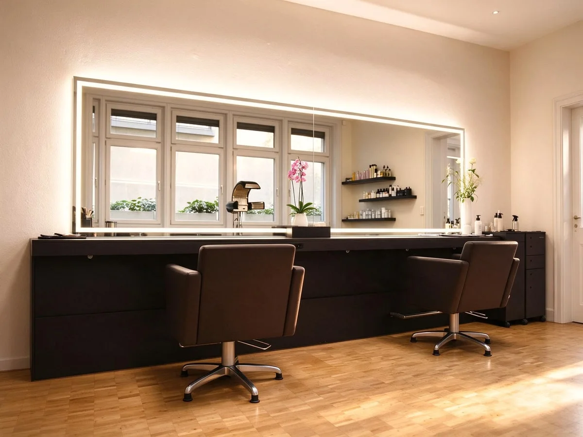 Moderner Salonbereich mit Frisierstuhl und grossem Spiegel